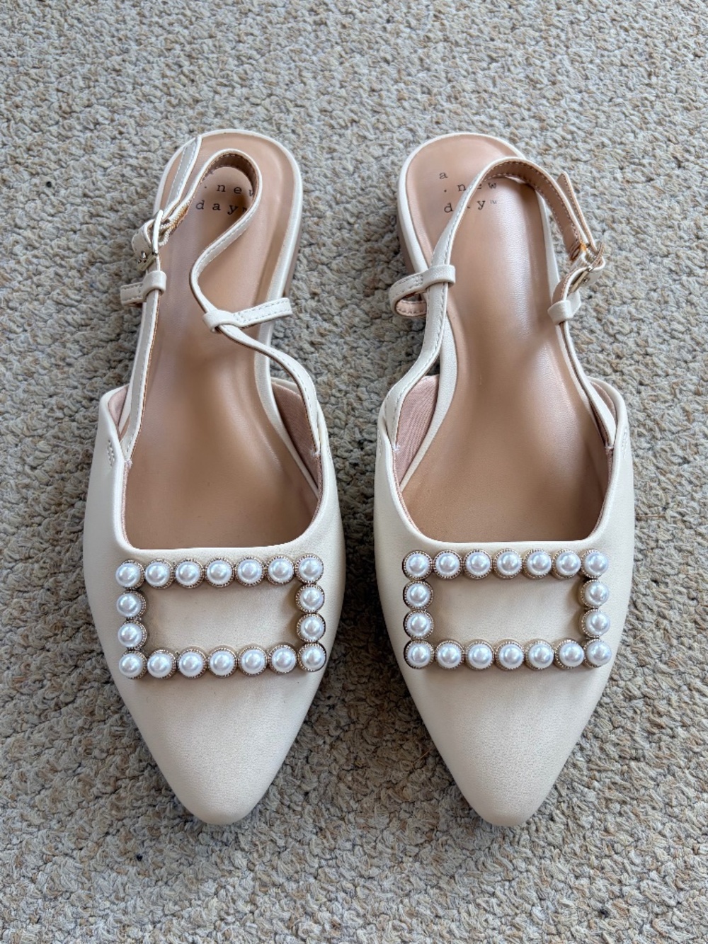 A New Day Cream Pearl-Trim Pointed Slingback Flats Size 6